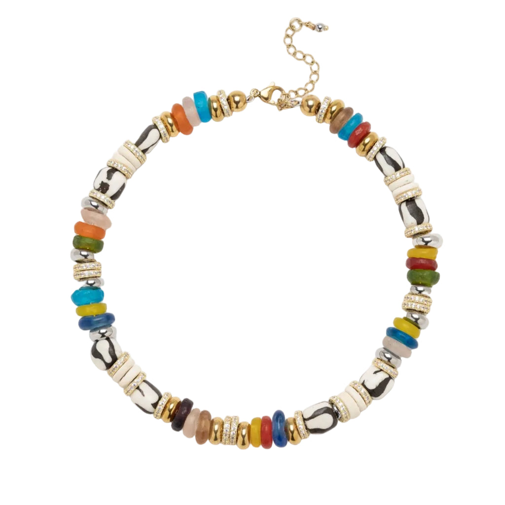 Collier Iris Sigal en perles de verre multicolores et laiton plaqué or